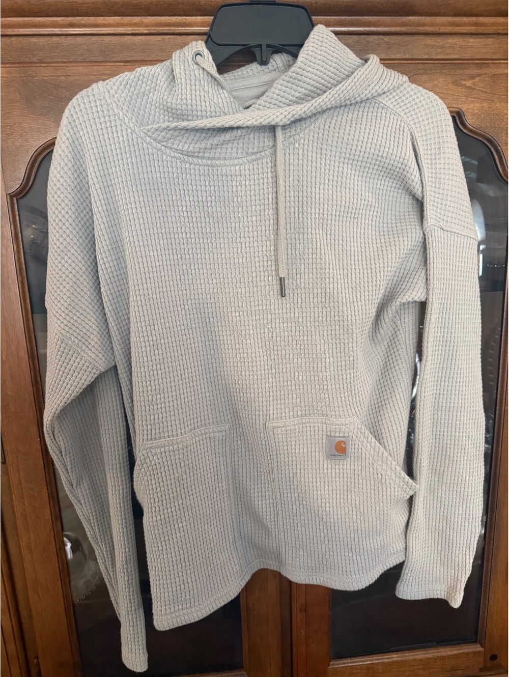 Carhartt Womens Small Waffle Knit Thermal Hoodie Sweater Light Gray Relaxed Fit